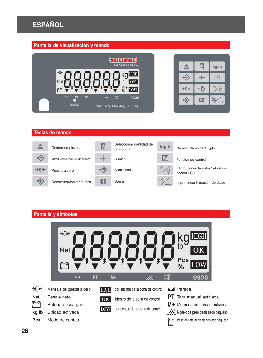 Soehnle 9320 manual Pantalla de visualización y mando, Teclas de mando, Pantalla y símbolos 