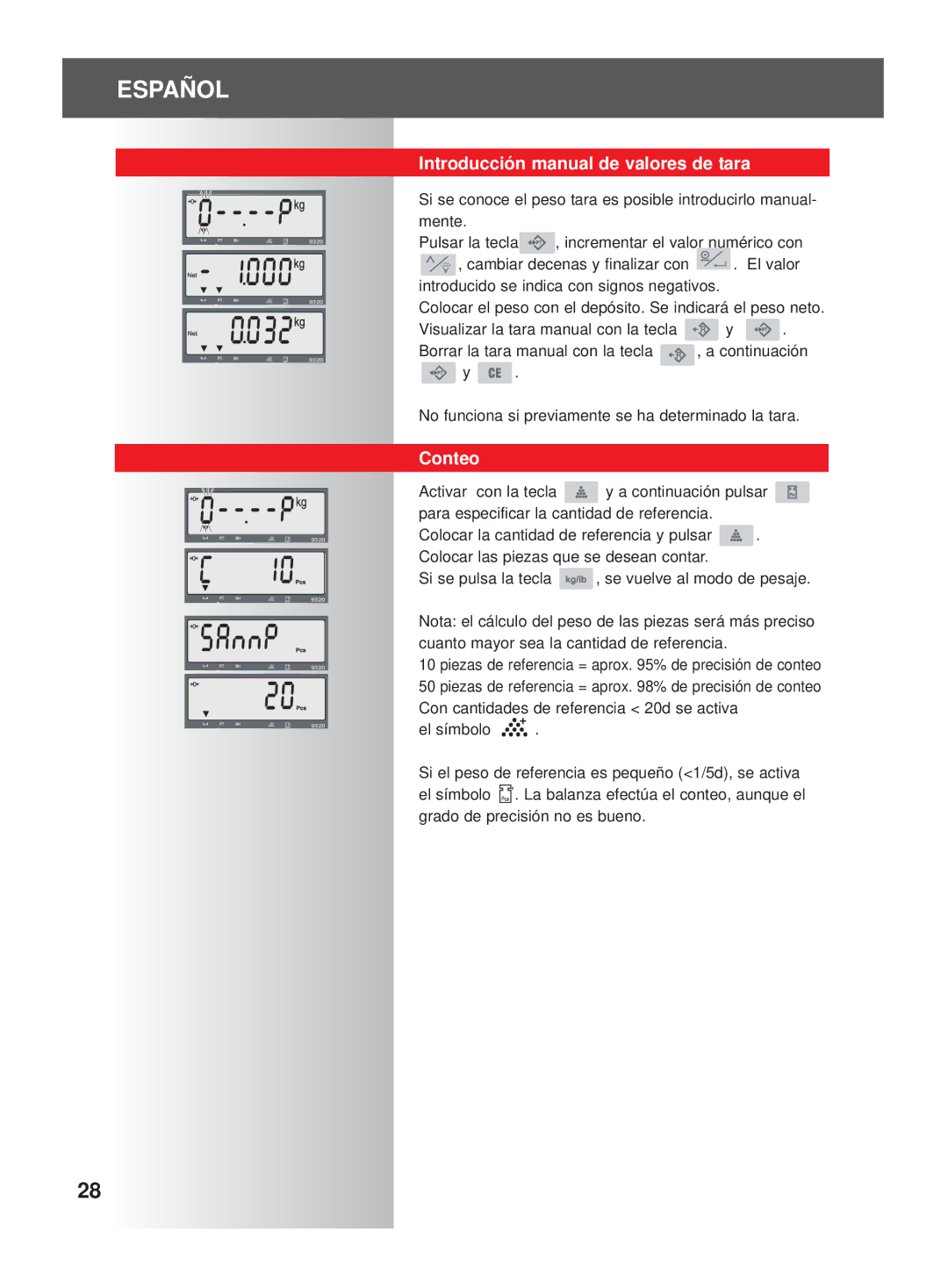 Soehnle 9320 Introducción manual de valores de tara, Conteo 