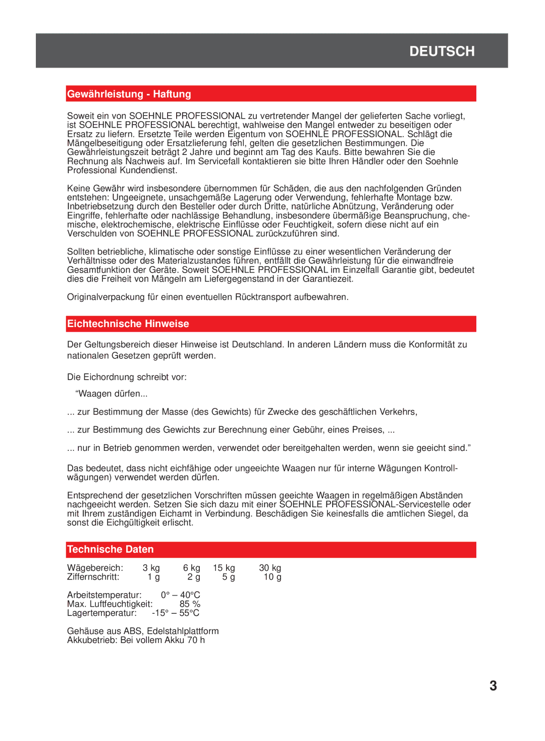 Soehnle 9320 manual Gewährleistung Haftung, Eichtechnische Hinweise, Technische Daten 