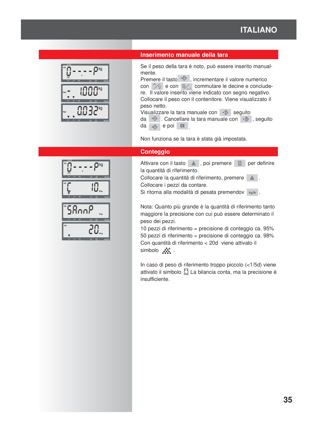 Soehnle 9320 Inserimento manuale della tara, Conteggio 