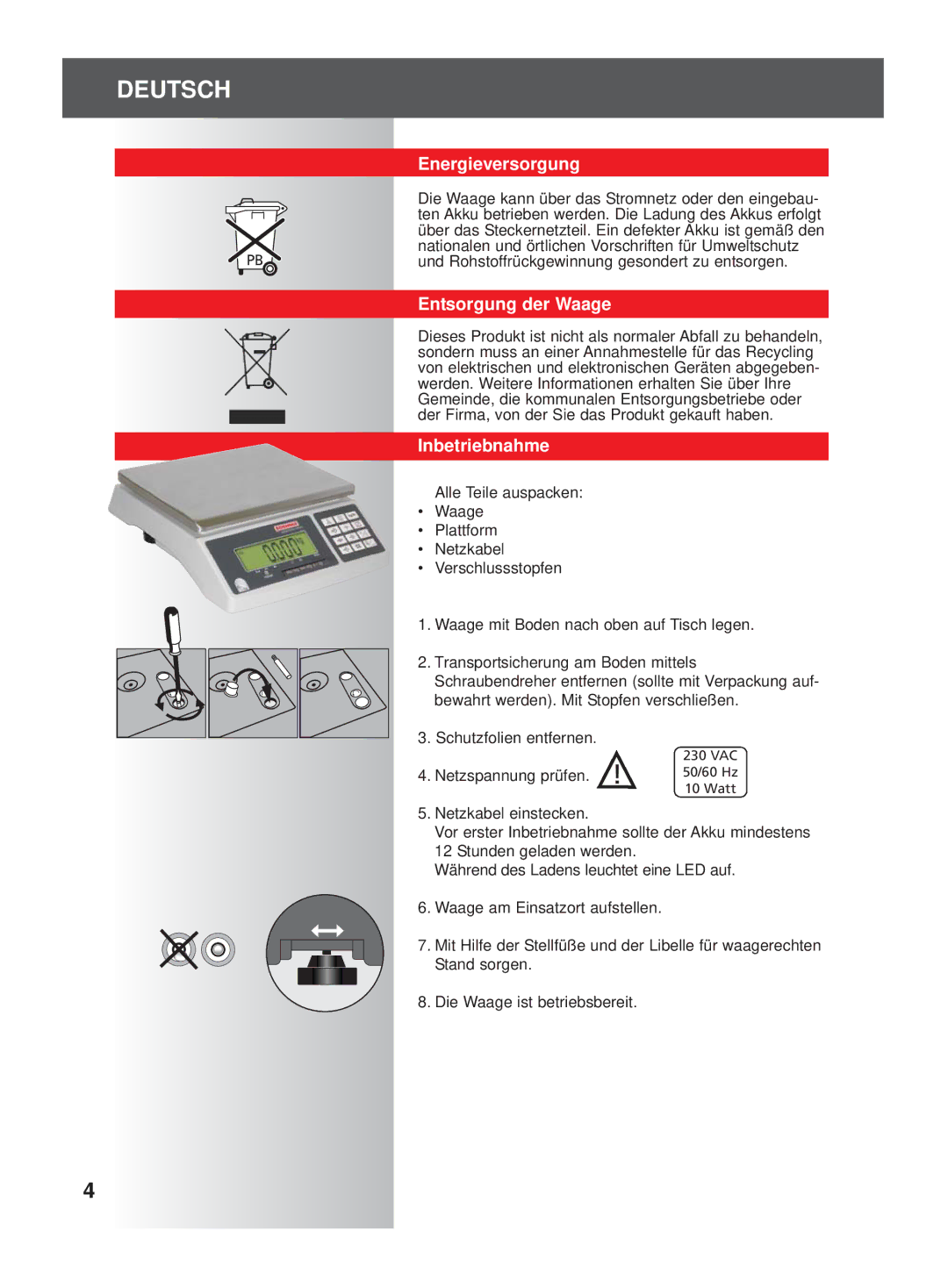 Soehnle 9320 manual Energieversorgung, Entsorgung der Waage, Inbetriebnahme 