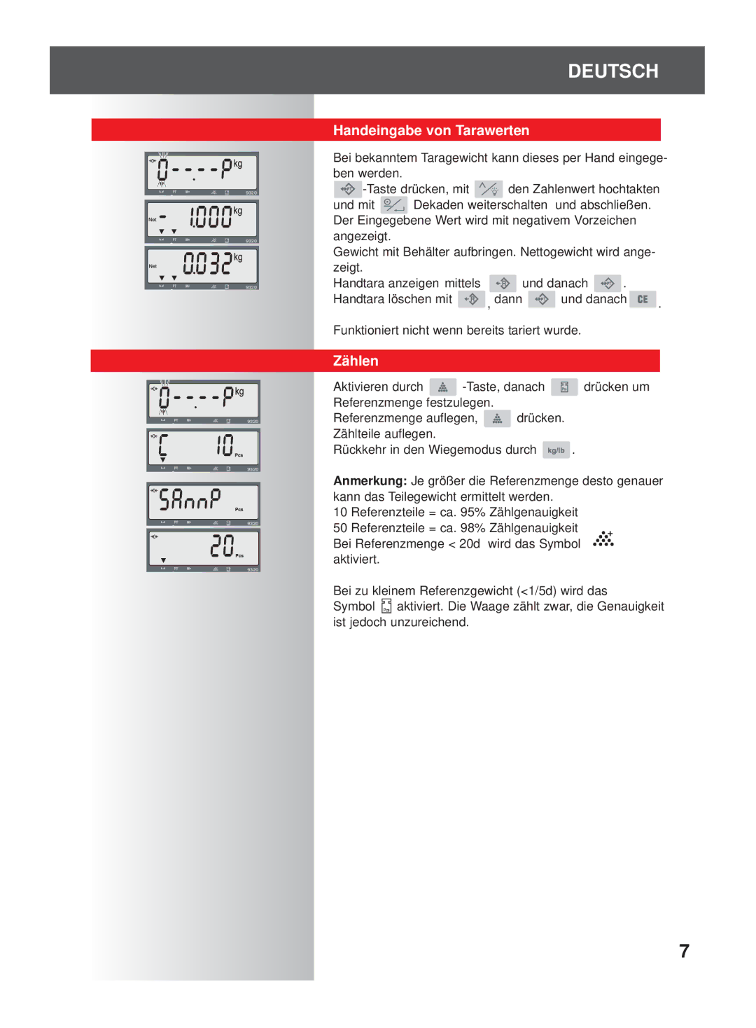 Soehnle 9320 manual Handeingabe von Tarawerten, Zählen 