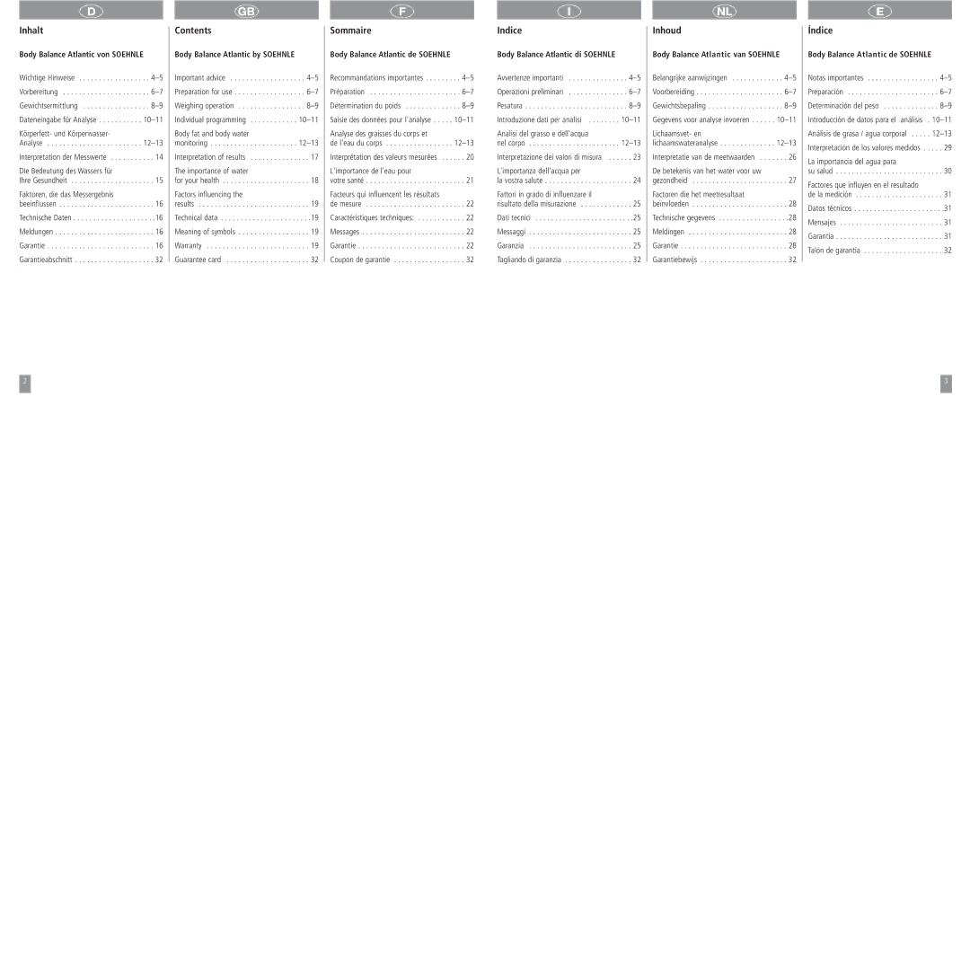 Soehnle Atlantic operating instructions Inhalt, Contents, Sommaire, Indice, Inhoud, Índice 