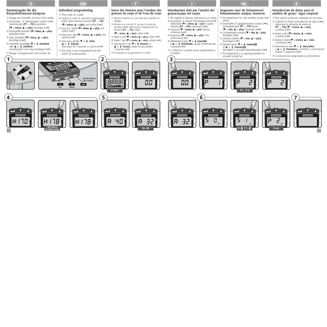 Soehnle Atlantic operating instructions Individual programming, Introduzione dati per lanalisi del grasso/acqua nel corpo 