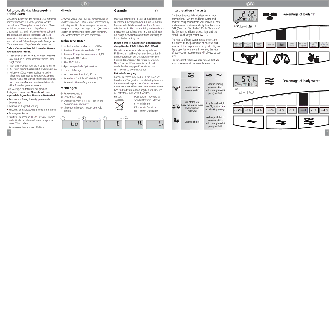 Soehnle Atlantic Faktoren, die das Messergebnis beeinflussen Hinweis, Interpretation of results, Percentage of body fat 
