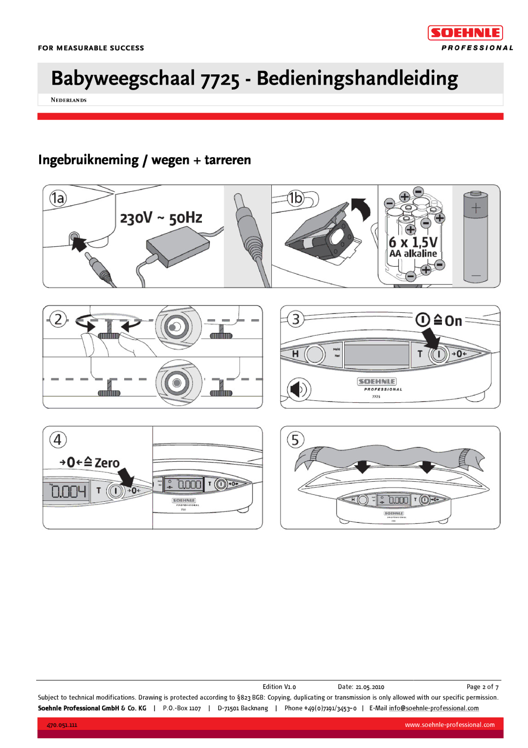 Soehnle BABYWEEGSCHAAL 7725 manual Ingebruikneming / wegen + tarreren, Edition V1.0 Date 21.05.2010Page 2 