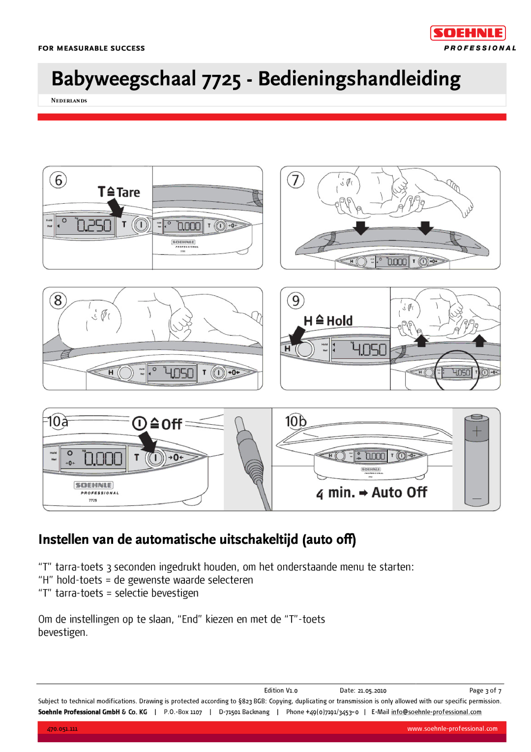 Soehnle BABYWEEGSCHAAL 7725 Instellen van de automatische uitschakeltijd auto off, Edition V1.0 Date 21.05.2010Page 3 