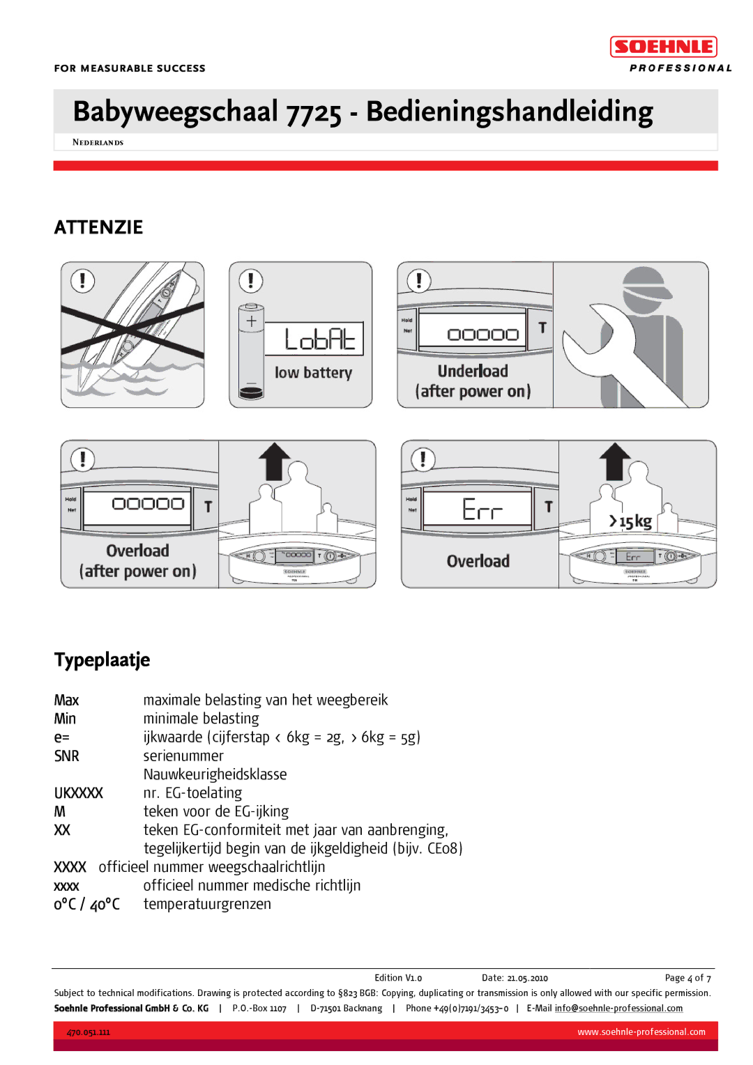 Soehnle BABYWEEGSCHAAL 7725 manual Attenzie, Typeplaatje, Max, Min, Edition V1.0 Date 21.05.2010Page 4 