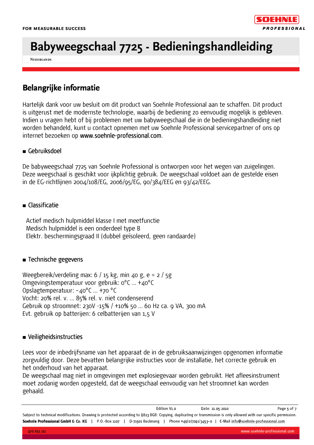 Soehnle BABYWEEGSCHAAL 7725 manual Belangrijke informatie, Gebruiksdoel, Classificatie, Technische gegevens 