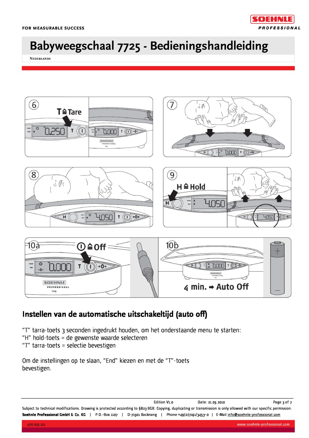 Soehnle BABYWEEGSCHAAL 7725 manual Instellen van de automatische uitschakeltijd auto off 