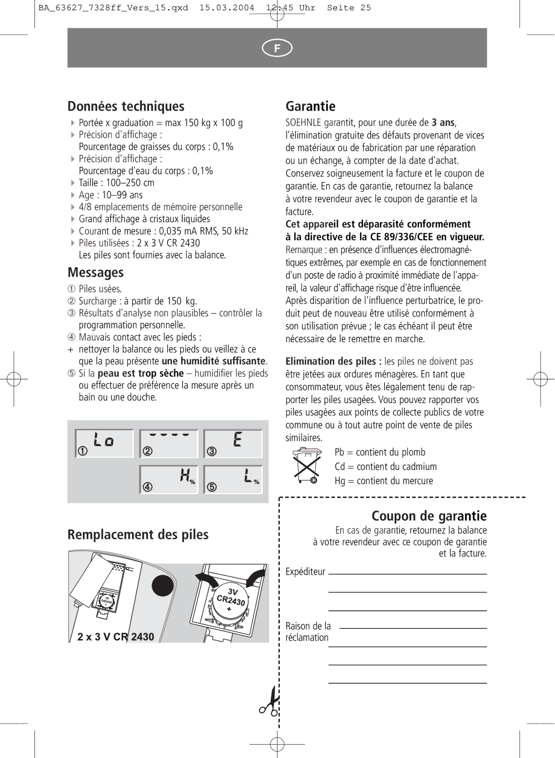 Soehnle body fat monitor Données techniques, Messages, Garantie, Coupon de garantie, Remplacement des piles 