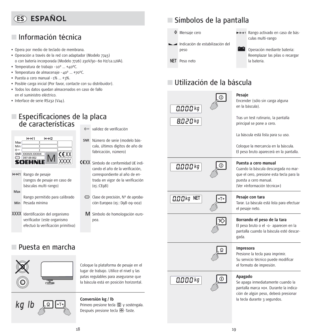 Soehnle cwb7726, cwe7745 Símbolos de la pantalla Información técnica, Especificaciones de la placa de características 