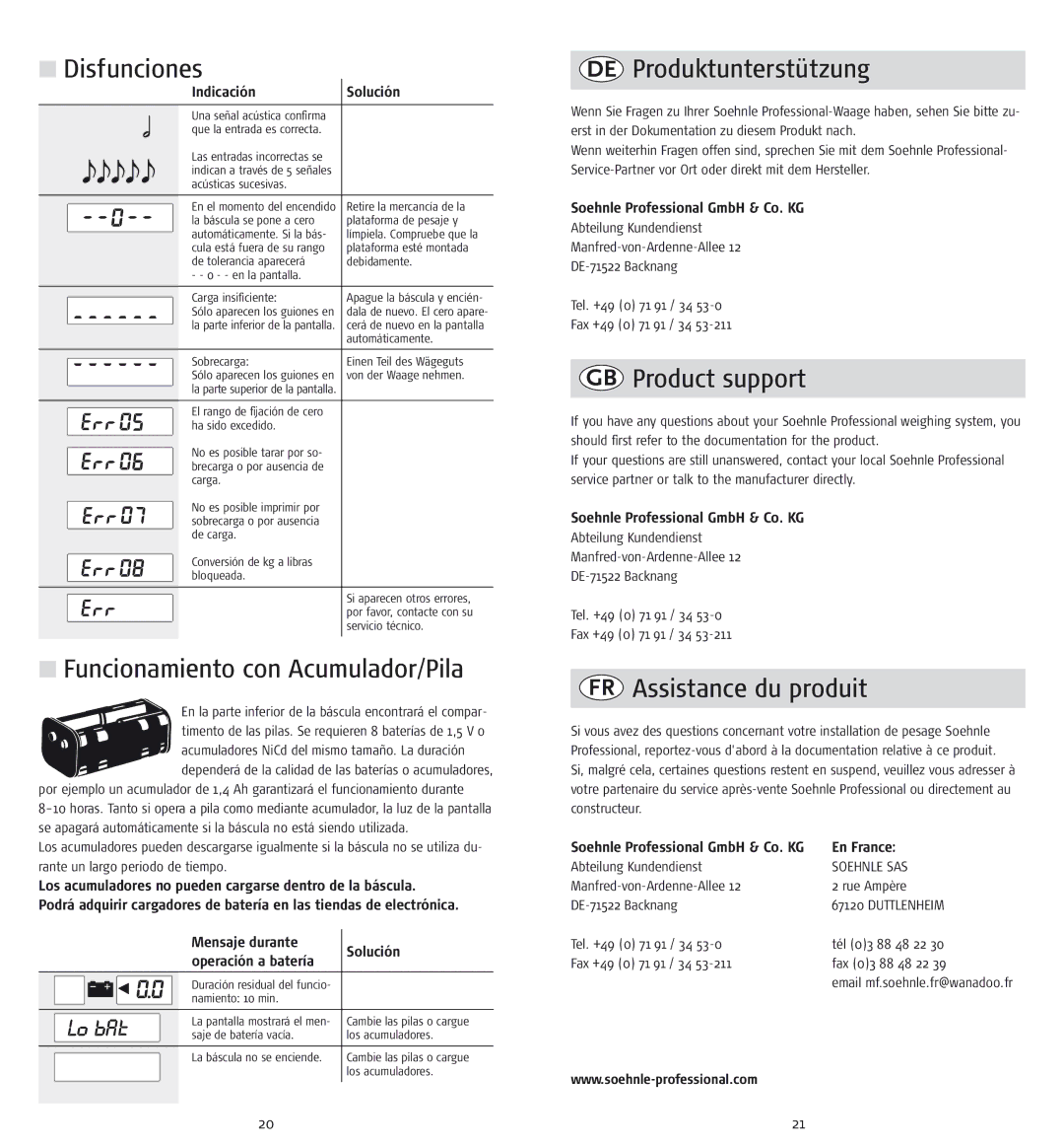 Soehnle cwe7745, cwb7726 Disfunciones, Funcionamiento con Acumulador/Pila, DE Produktunterstützung, GB Product support 