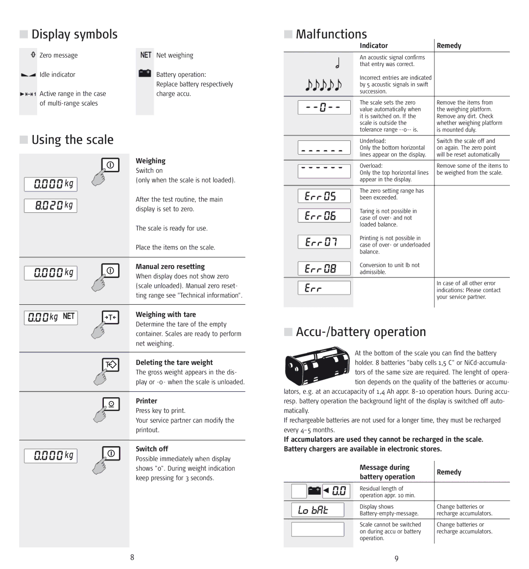 Soehnle cwe7745, cwb7726 operating instructions Display symbols, Malfunctions, Using the scale, Accu-/battery operation 