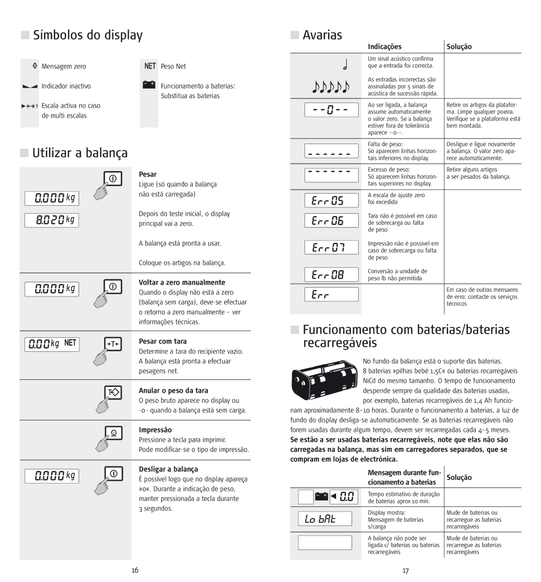 Soehnle cwe7745 Símbolos do display, Avarias, Utilizar a balança, Funcionamento com baterias/baterias recarregáveis 