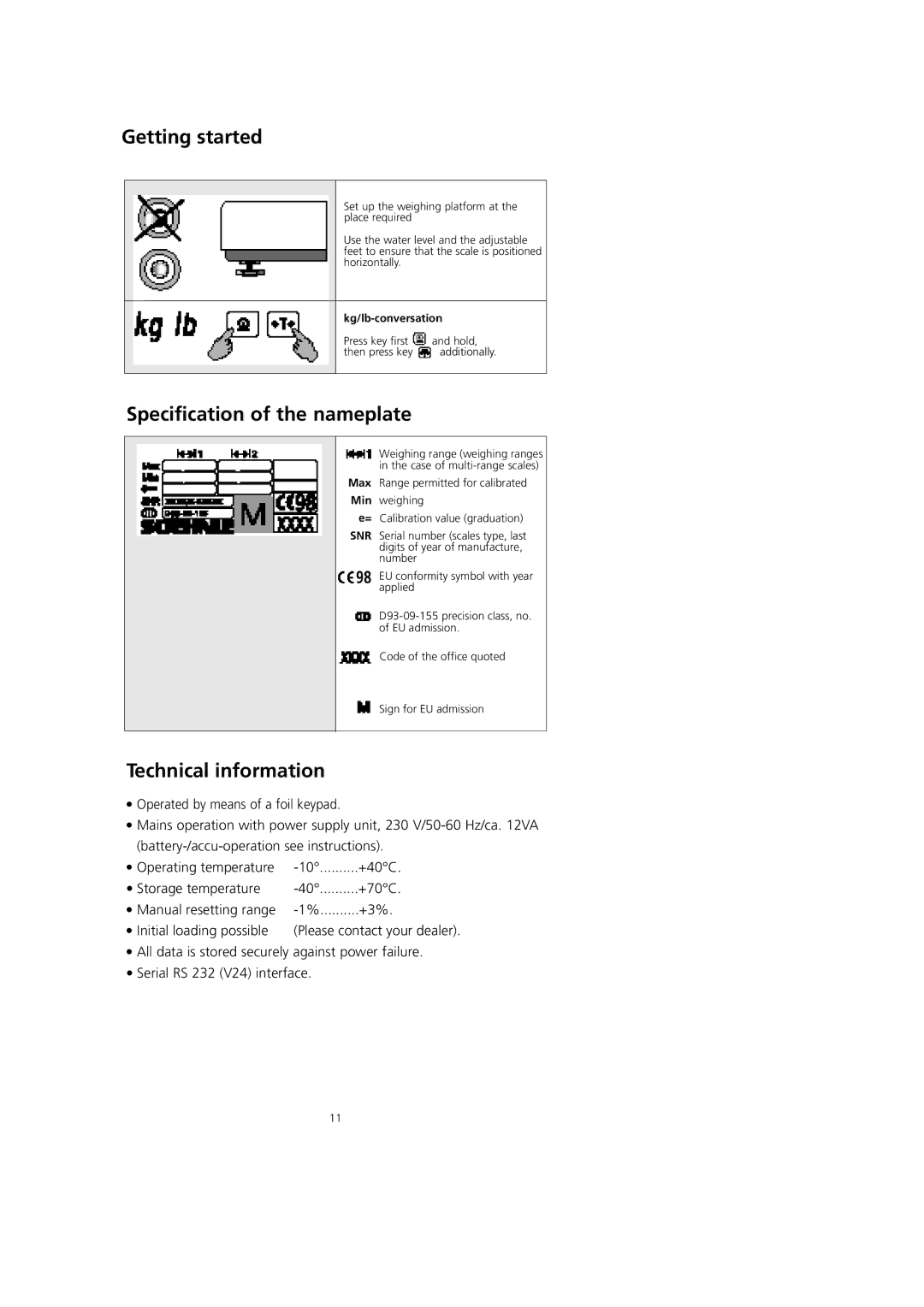 Soehnle CWC7746 Getting started, Specification of the nameplate, Technical information, Kg/lb-conversation 