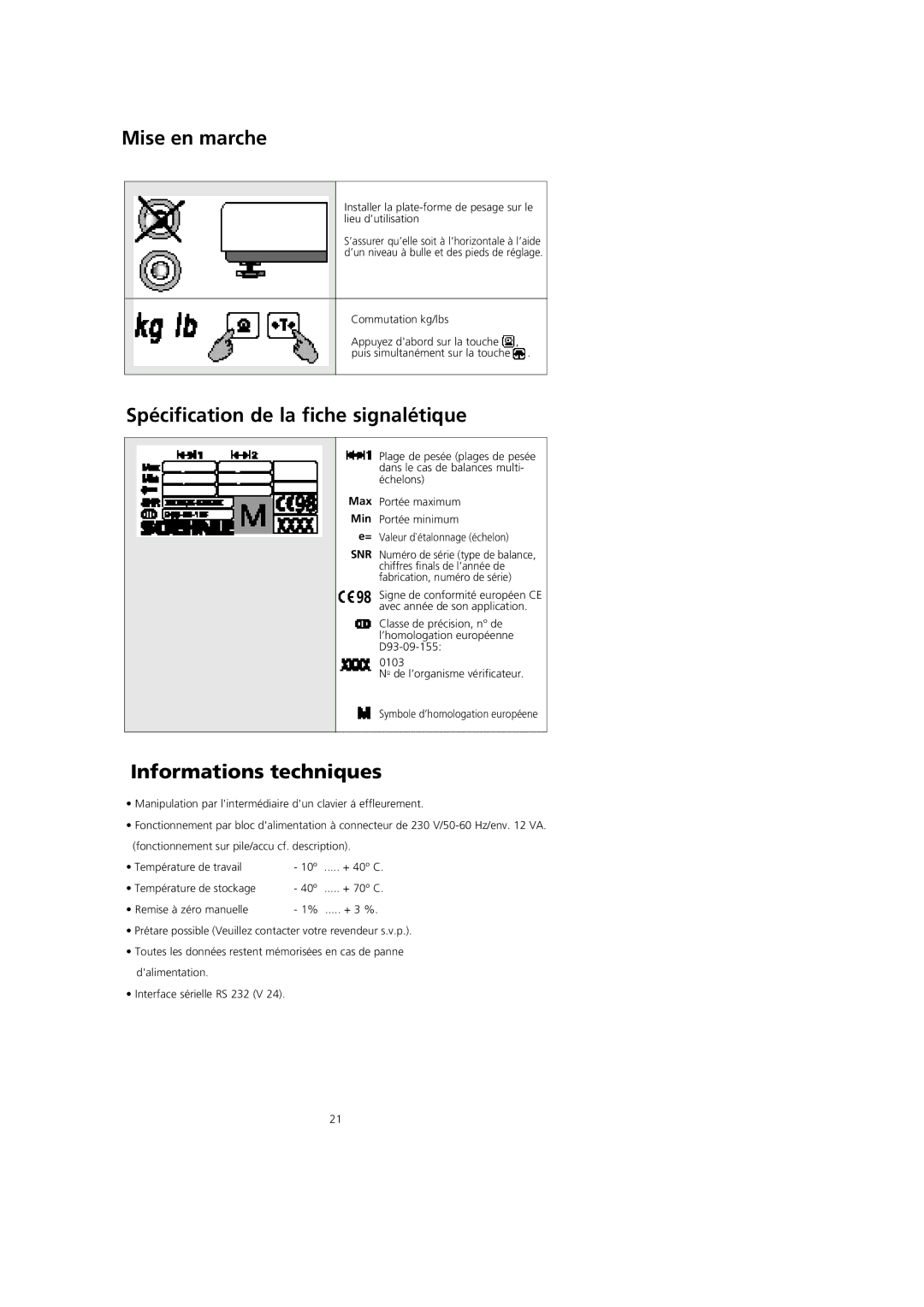 Soehnle CWC7746 operating instructions Mise en marche, Spécification de la fiche signalétique, Informations techniques 