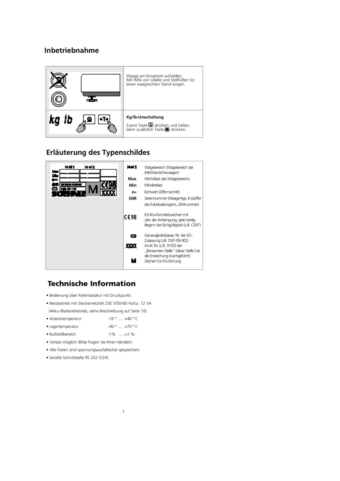 Soehnle CWC7746 Inbetriebnahme, Erläuterung des Typenschildes, Technische Information, Kg/lb-Umschaltung 