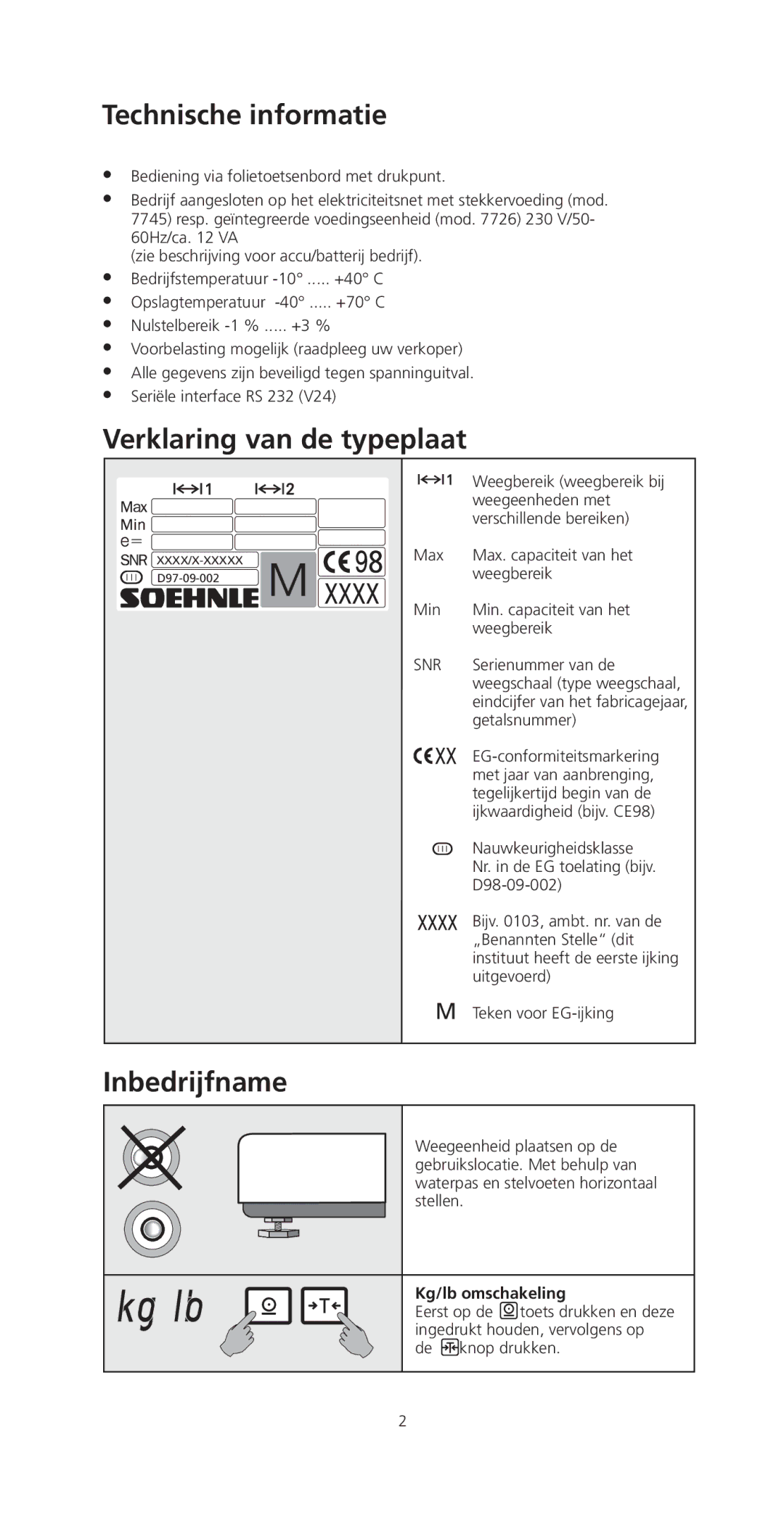 Soehnle CWE 7745, CWB 7726 manual Technische informatie, Verklaring van de typeplaat, Inbedrijfname, Kg/lb omschakeling 