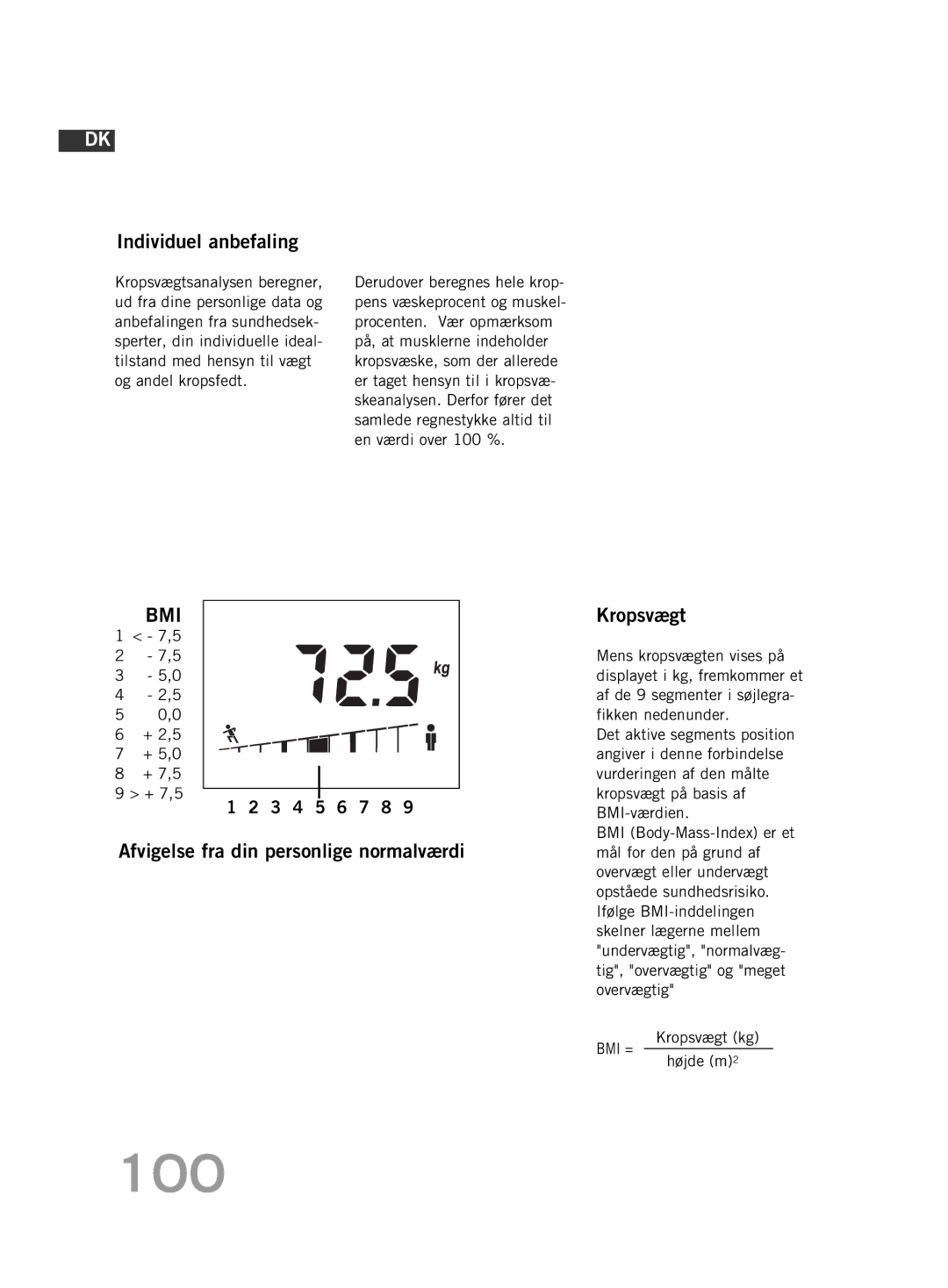 Soehnle F4 manual 100, Individuel anbefaling, Afvigelse fra din personlige normalværdi Kropsvægt, Højde m2 