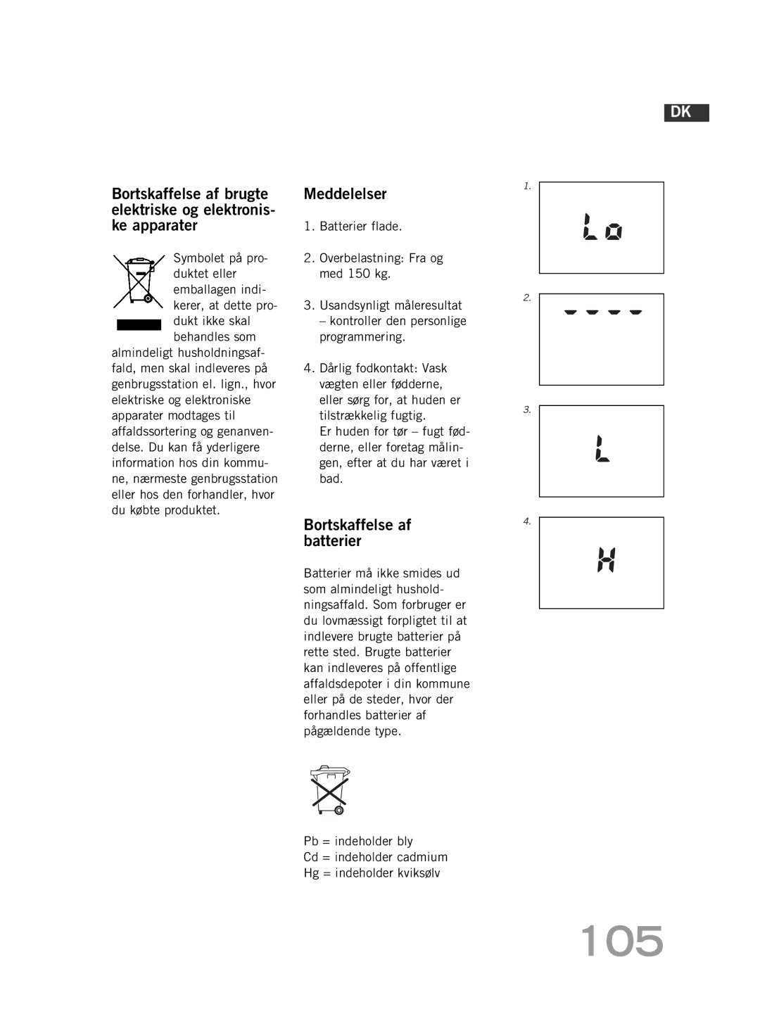 Soehnle F4 manual 105, Meddelelser, Bortskaffelse af batterier 