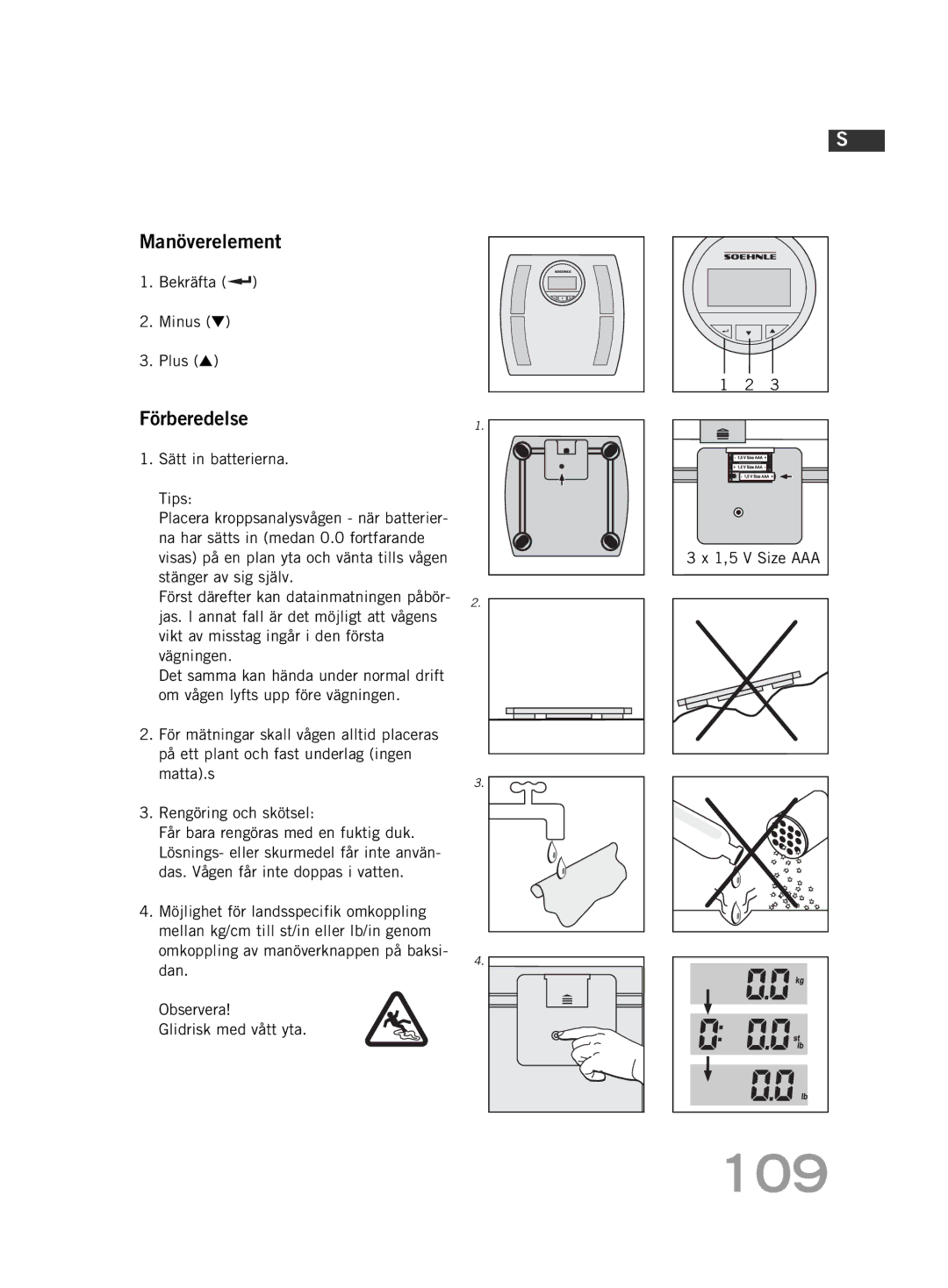 Soehnle F4 manual 109, Manöverelement, Förberedelse1, Bekräfta Minus Plus, Dan Observera Glidrisk med vått yta 