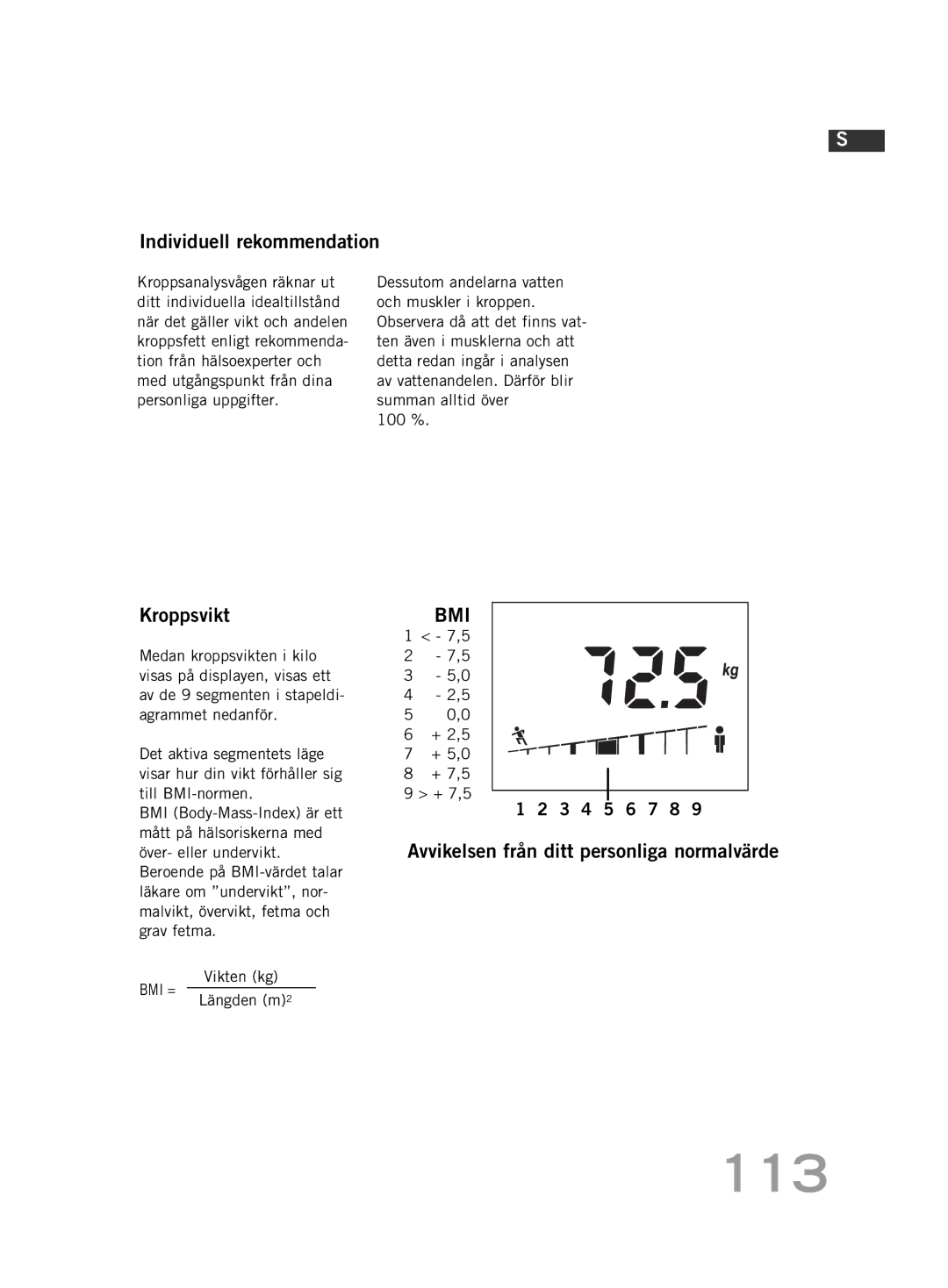 Soehnle F4 113, Individuell rekommendation, Kroppsvikt, Avvikelsen från ditt personliga normalvärde, Vikten kg Längden m2 