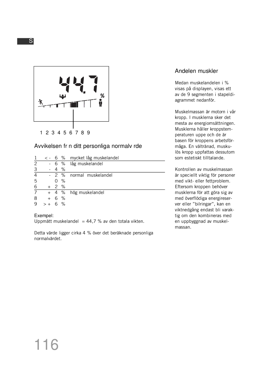 Soehnle F4 manual 116, Andelen muskler, Mycket låg muskelandel, Låg muskelandel 