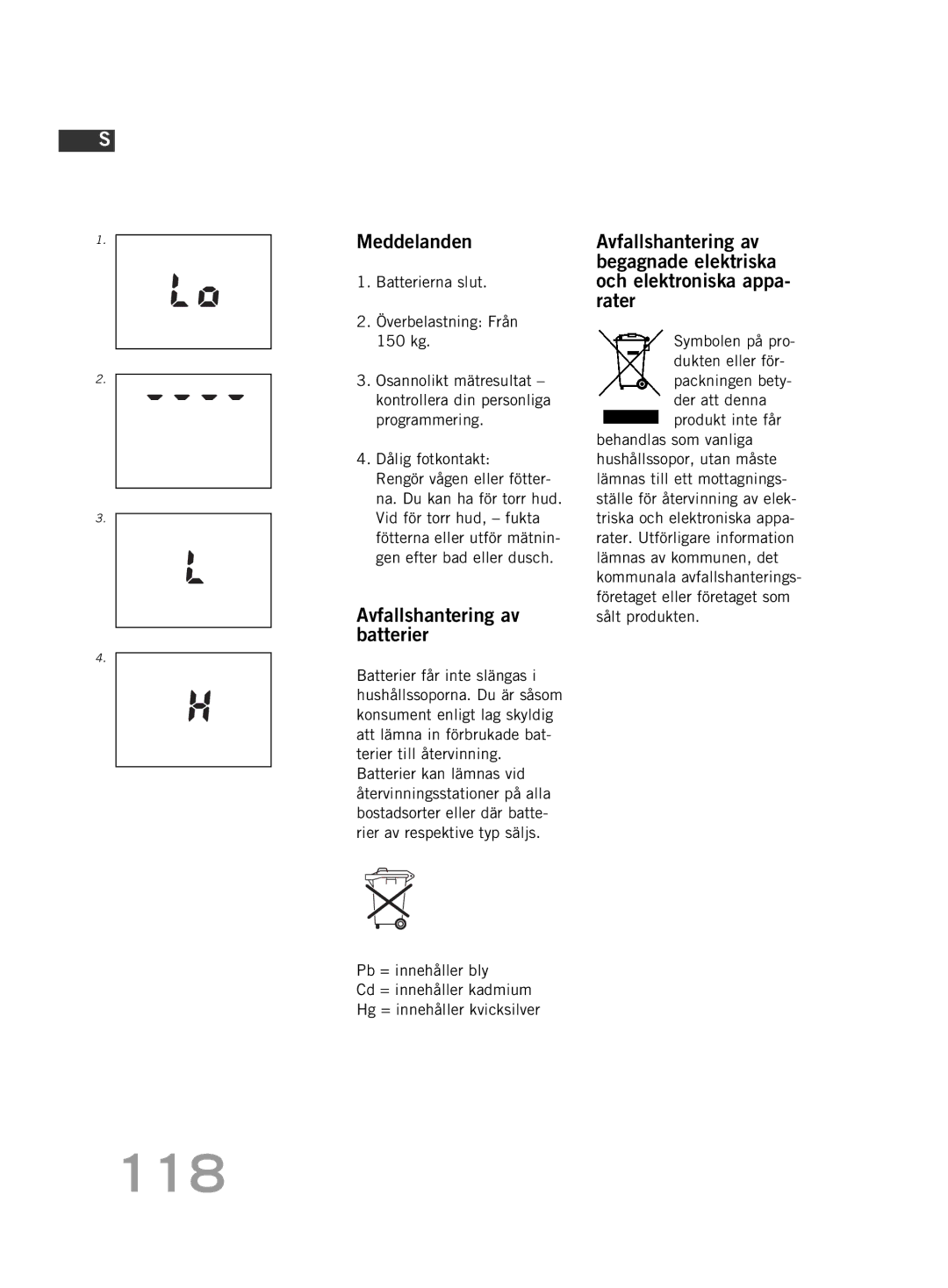 Soehnle F4 manual 118, Meddelanden, Avfallshantering av batterier 