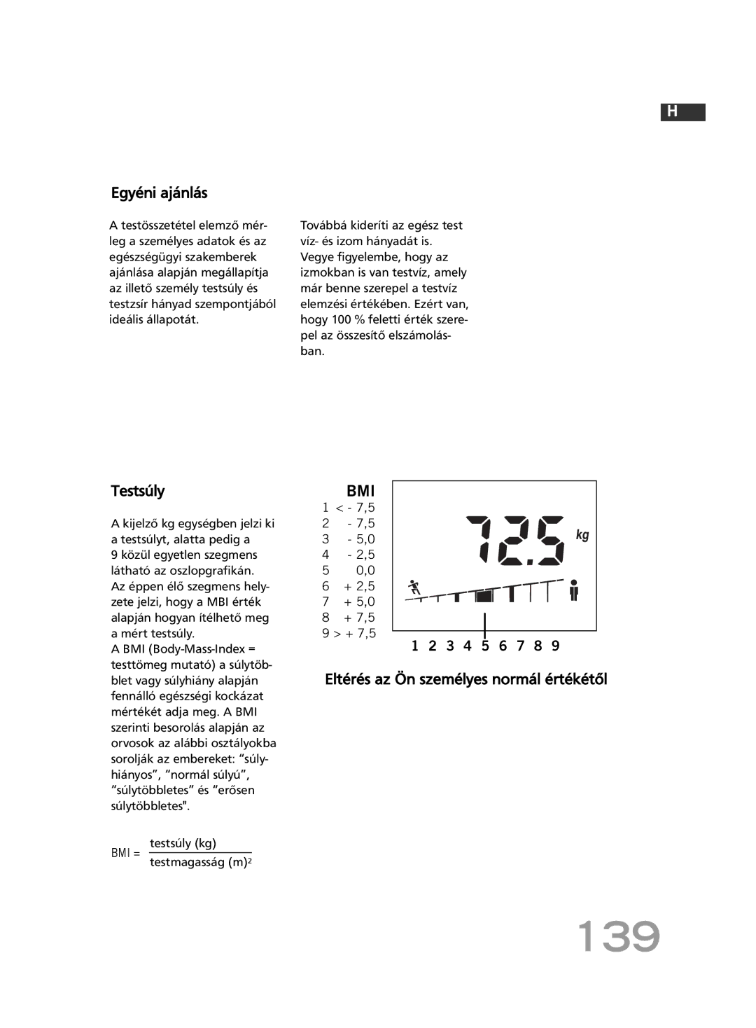 Soehnle F4 manual 139, Egyéni ajánlás, Testsúly kg, Testmagasság m2 