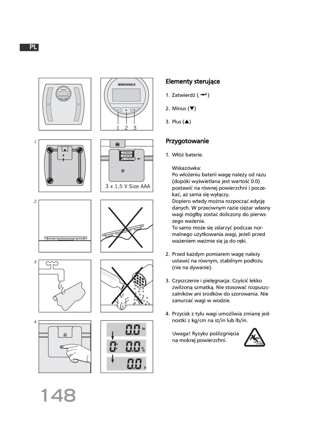 Soehnle F4 manual 148, Elementy sterujące, Przygotowanie, Zatwierdź Minus Plus 