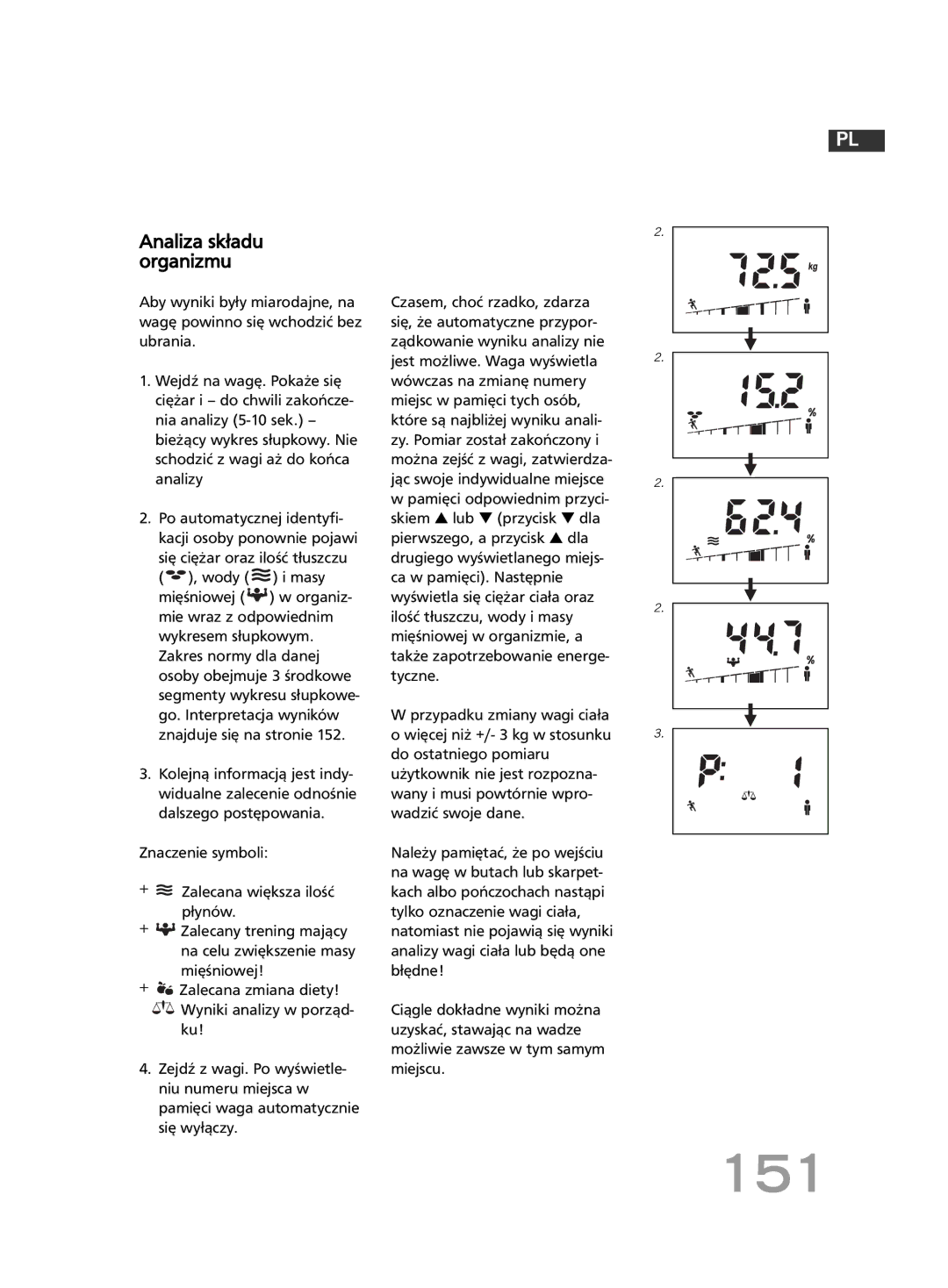 Soehnle F4 manual 151, Analiza składu organizmu, Wody i masy 