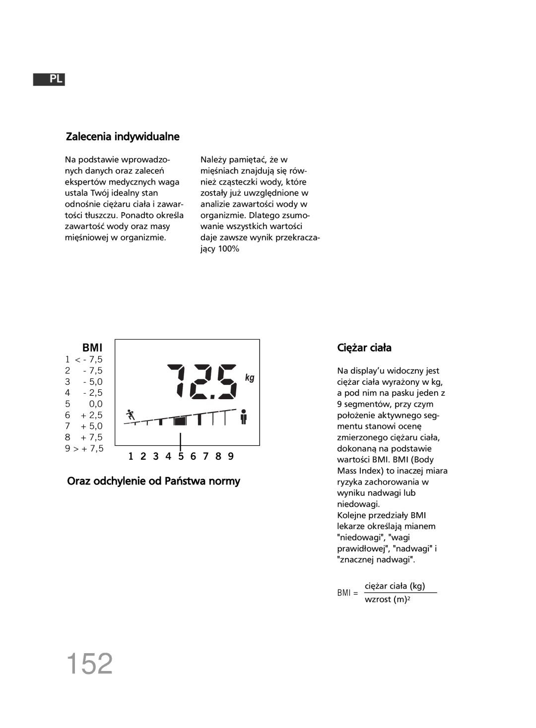 Soehnle F4 manual 152, Zalecenia indywidualne, Oraz odchylenie od Państwa normy Ciężar ciała, Wzrost m2 