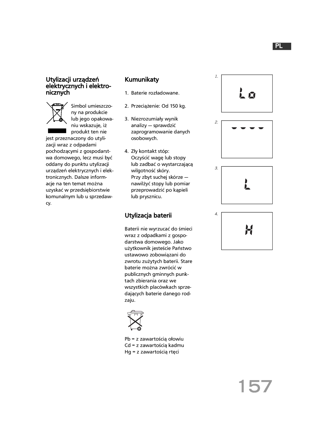 Soehnle F4 manual 157, Utylizacji urządzeń elektrycznych i elektro- nicznych, Kumunikaty, Utylizacja baterii 