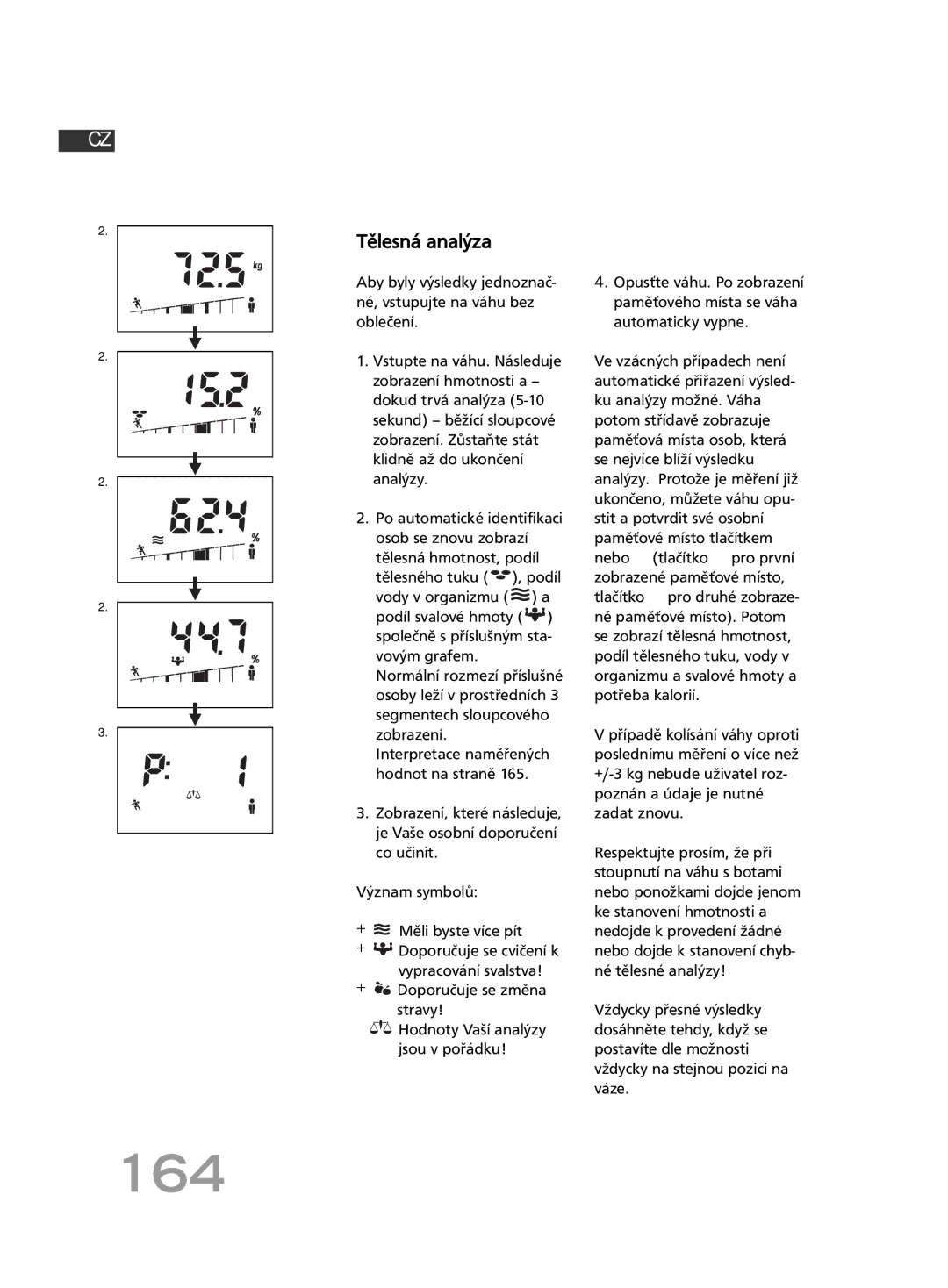 Soehnle F4 manual 164, Tělesná analýza, + Doporučuje se změna stravy 