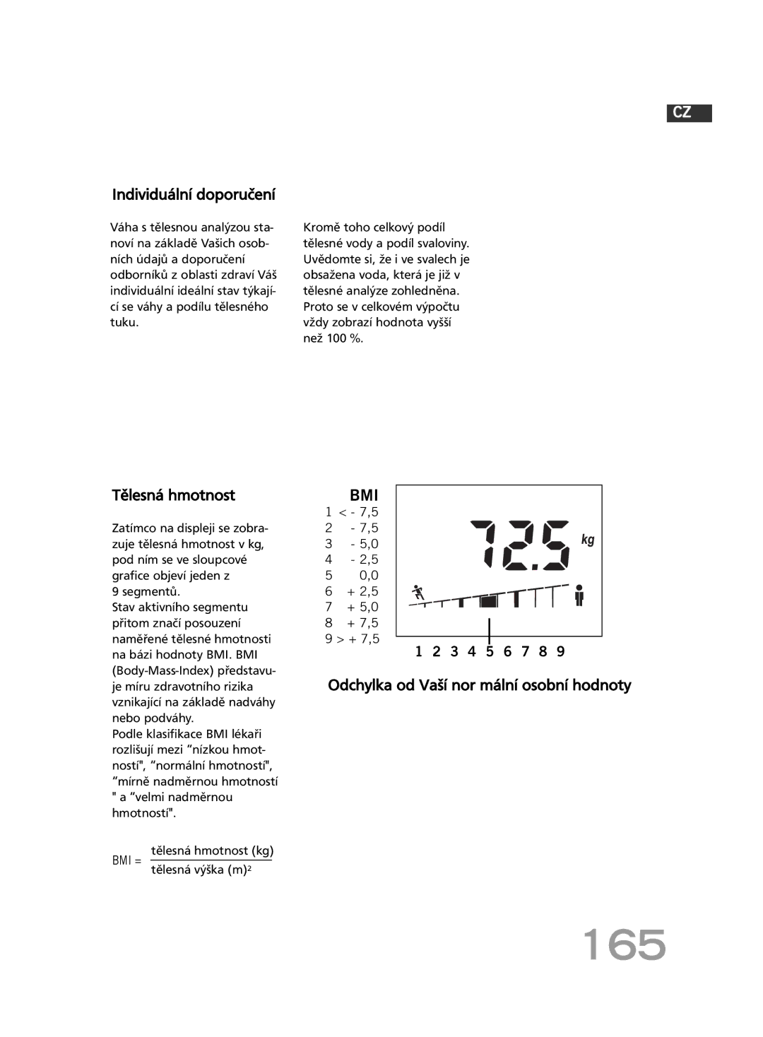 Soehnle F4 manual 165, Individuální doporučení, Tělesná hmotnost, Odchylka od Vaší nor mální osobní hodnoty 