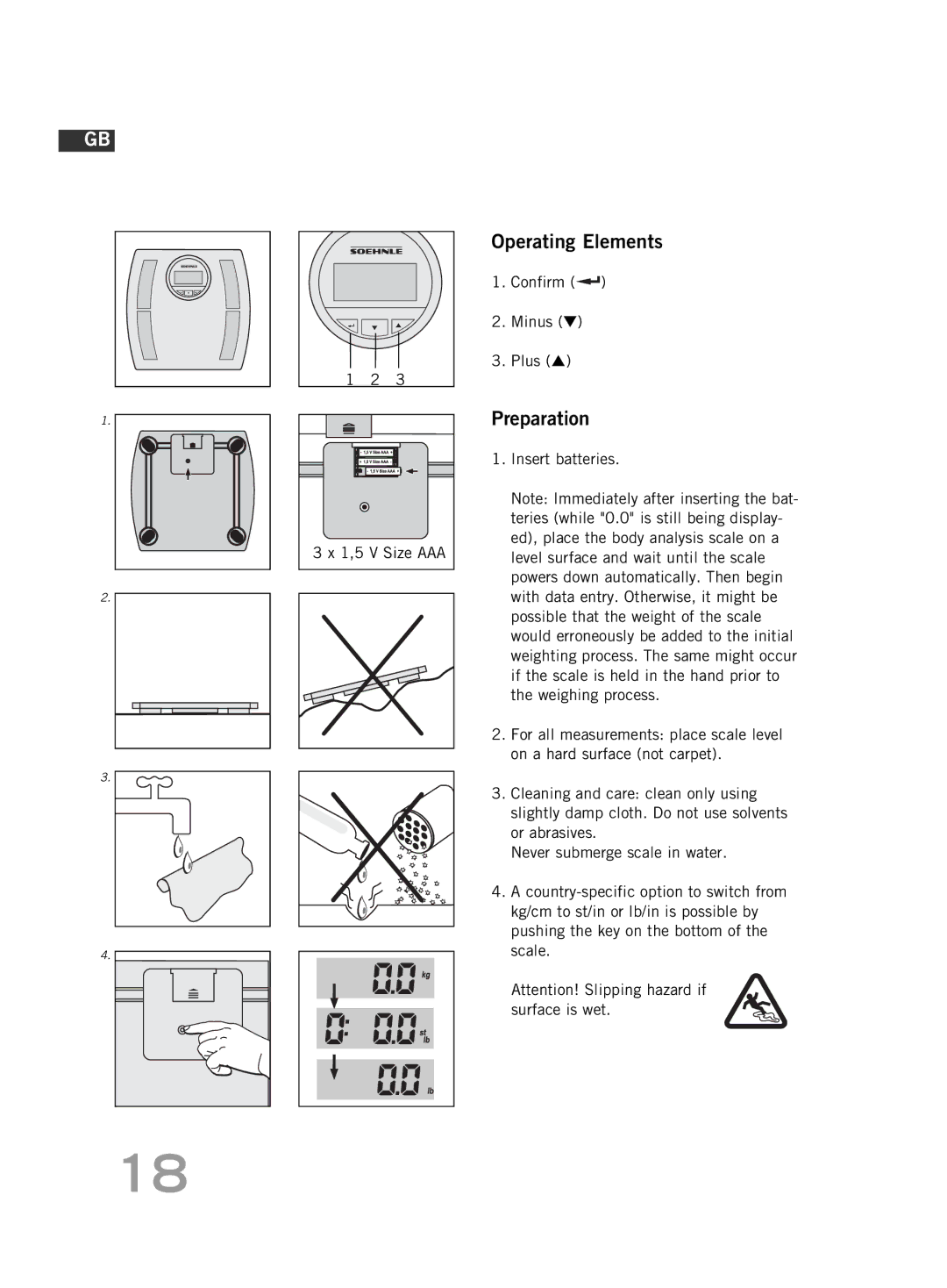 Soehnle F4 manual Operating Elements, Preparation, Confirm Minus Plus 