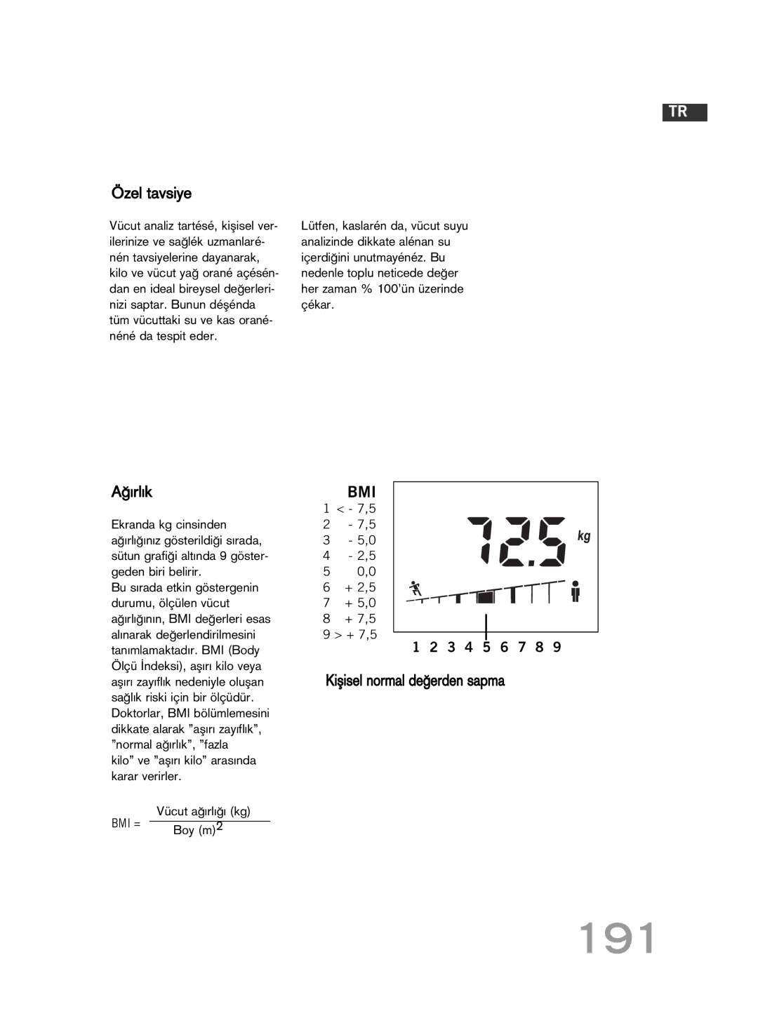 Soehnle F4 manual 191, Özel tavsiye, Aπırlık, Kiµisel normal deπerden sapma 