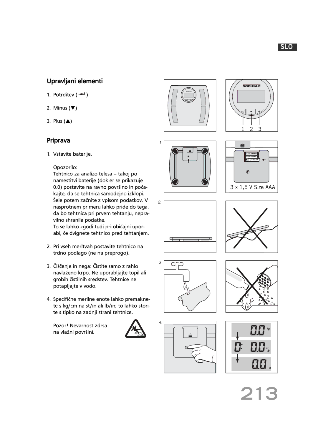 Soehnle F4 manual 213, Upravljani elementi, Priprava, Potrditev Minus Plus, Pozor! Nevarnost zdrsa na vlažni površini 