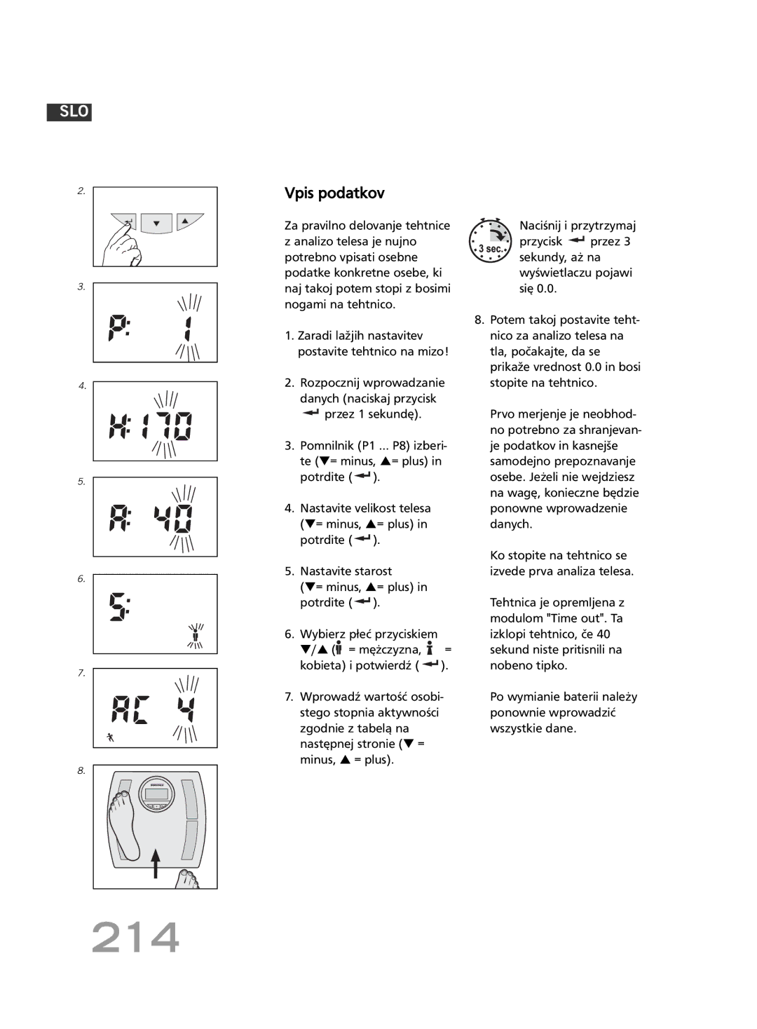 Soehnle F4 manual 214, Vpis podatkov, Pomnilnik P1 ... P8 izberi- te = minus, = plus Potrdite 