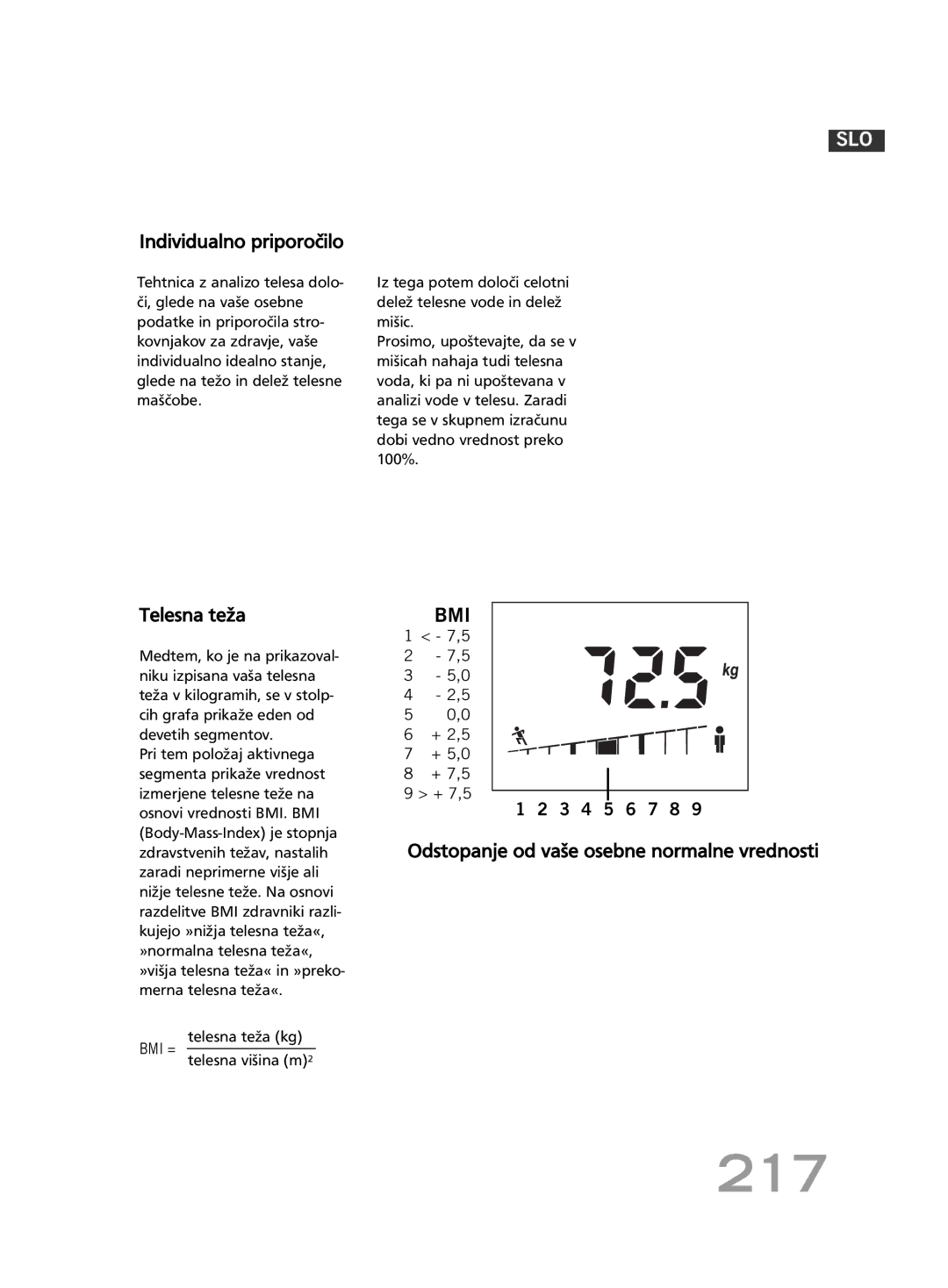 Soehnle F4 217, Individualno priporočilo, Telesna teža, Odstopanje od vaše osebne normalne vrednosti, Telesna višina m2 