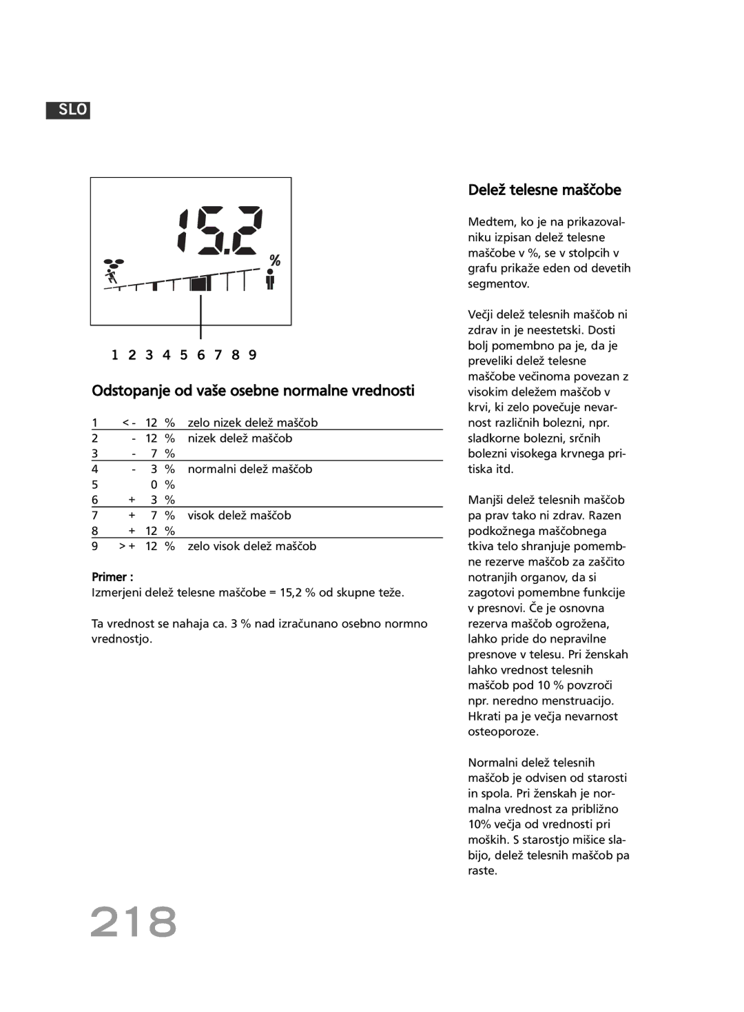 Soehnle F4 manual 218, Delež telesne maščobe, Nizek delež maščob, normalni delež maščob 