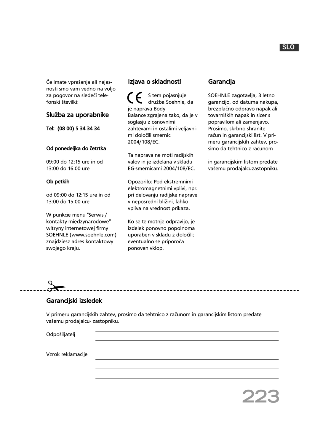 Soehnle F4 manual 223, Služba za uporabnike, Izjava o skladnosti, Garancija, Garancijski izsledek 