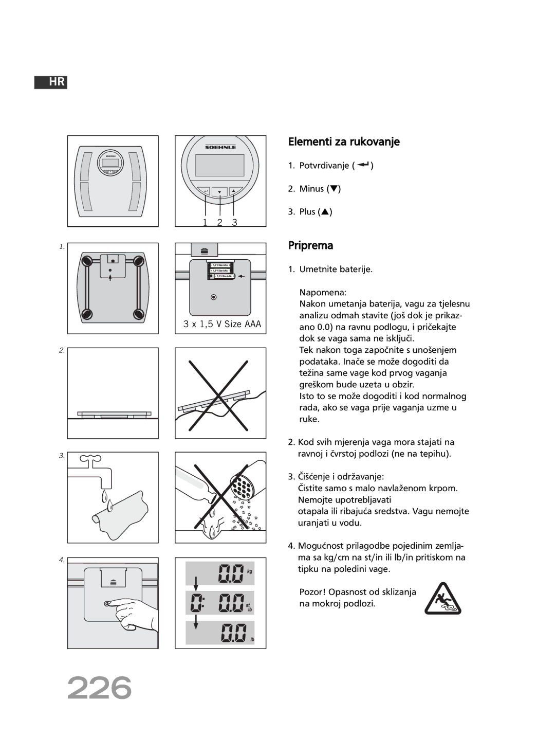 Soehnle F4 manual 226, Elementi za rukovanje, Priprema, Potvrdivanje Minus Plus 