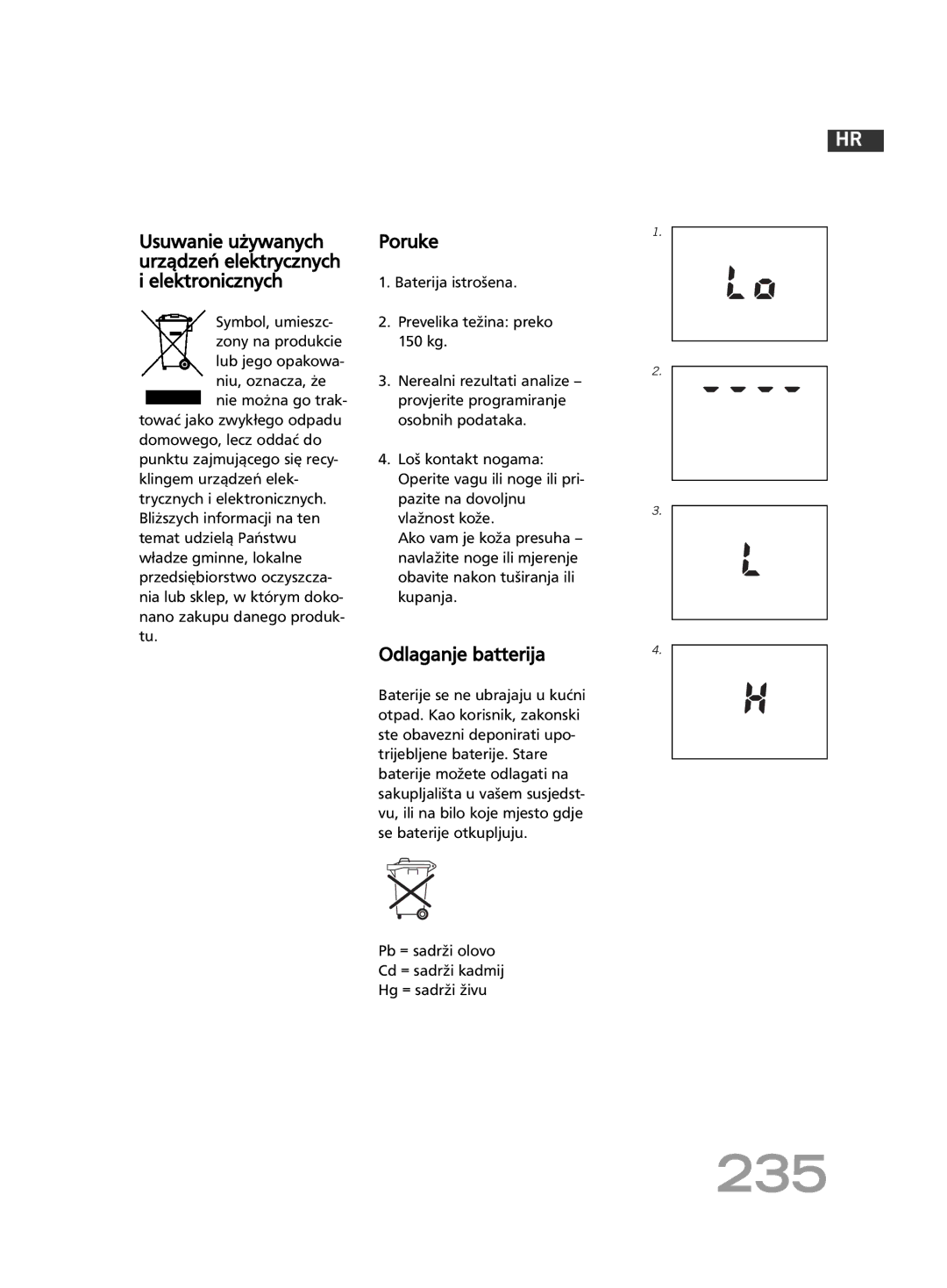 Soehnle F4 manual 235, Usuwanie używanych urządzeń elektrycznych i elektronicznych, Poruke, Odlaganje batterija 