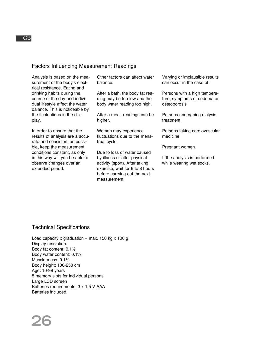 Soehnle F4 Factors Influencing Maesurement Readings, Technical Specifications, Other factors can affect water balance 