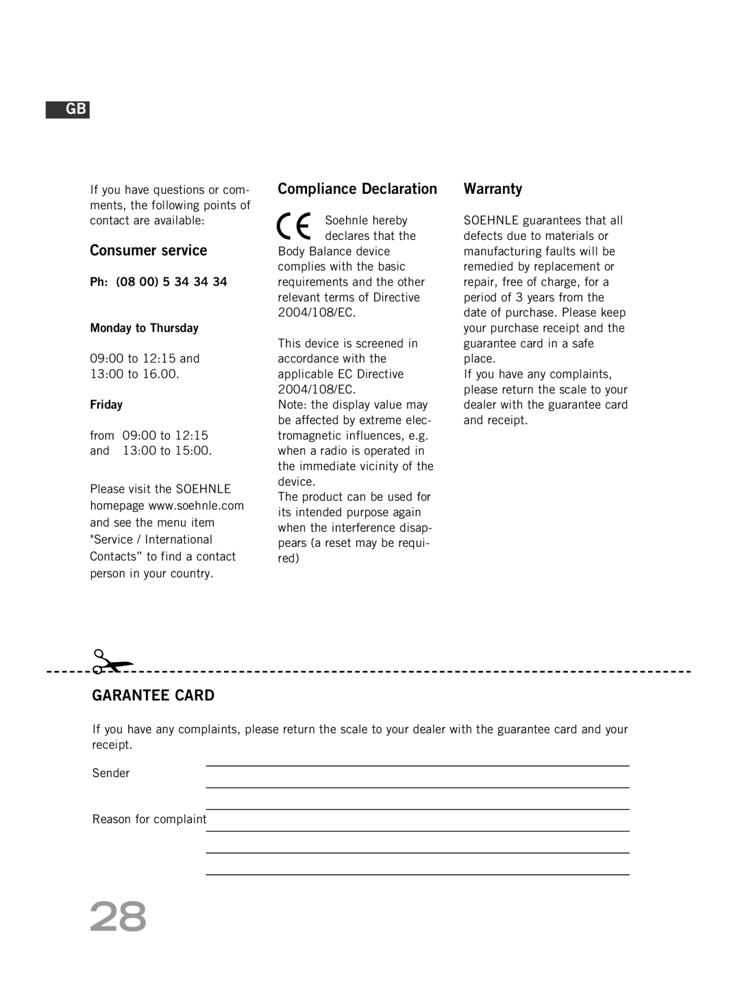 Soehnle F4 manual Consumer service, Compliance Declaration, Warranty 