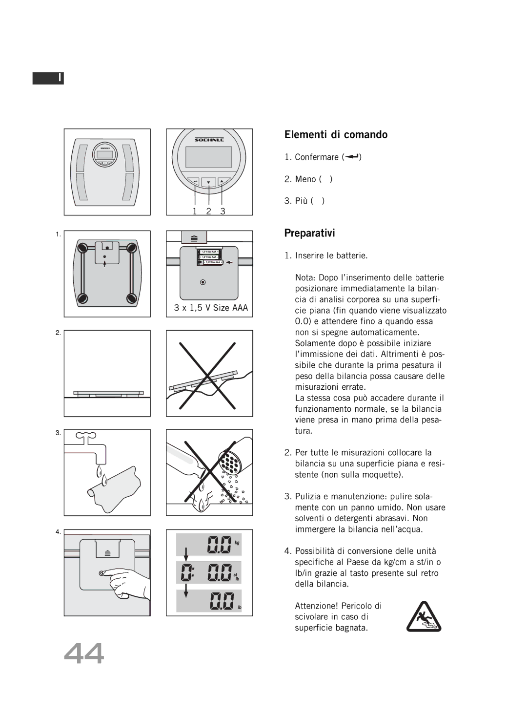 Soehnle F4 manual Elementi di comando, Preparativi, Confermare Meno Più 