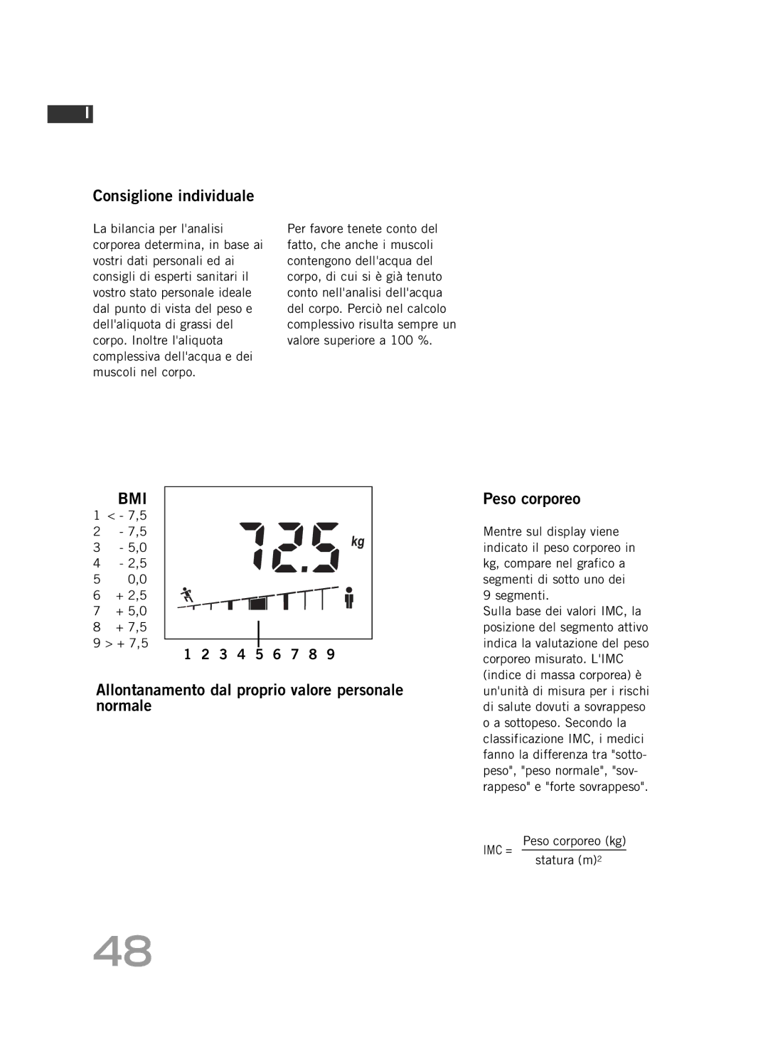 Soehnle F4 manual Consiglione individuale, Peso corporeo kg, Statura m2 