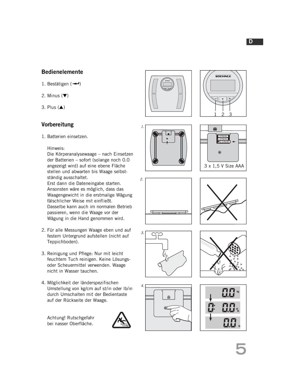 Soehnle F4 manual Bedienelemente, Vorbereitung1, Bestätigen Minus Plus, Batterien einsetzen Hinweis 